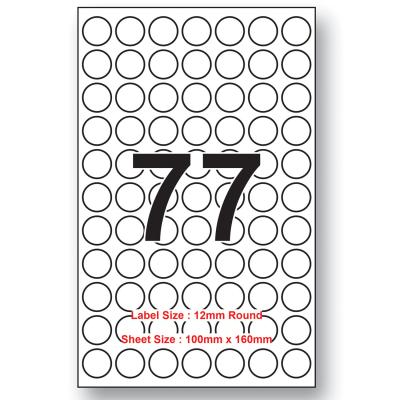 12mm x 12mm Round 77 Labels per sheet 100 sheets Packing