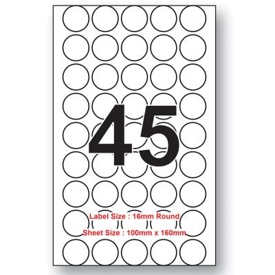 16mm X 16mm Round 45 Labels Per Sheet 100 Sheets Packing