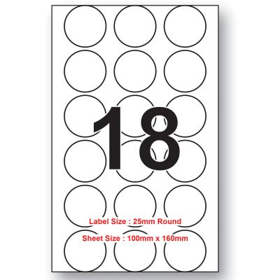 25mm X 25mm Round 18 Labels Per Sheet 100 Sheets Packing