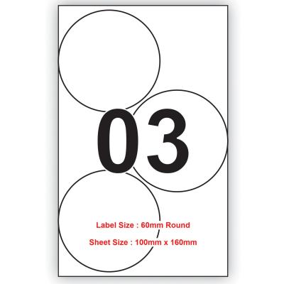 60mm X 60mm Round 06 Labels Per Sheet 100 Sheets Packing