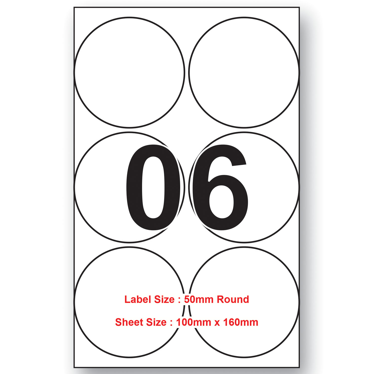 50mm X 50mm Round 06 Labels Per Sheet 100 Sheets Packing